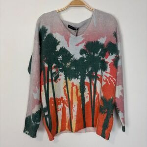 Vanessa Scott V-Neck One Size‎ Mohair Wool Blend Palm Tree Sunset Knit Sweater